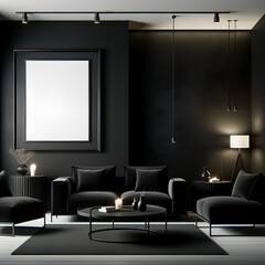 Sophisticated Monochrome Living Room with Large Black Picture Frame, Modern Black Furniture and Chic Pendant Lighting - Sleek Dark Interior Design Concept