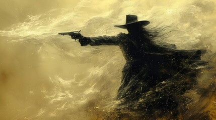 Wild west outlaw shooting with his gun - obrazy, fototapety, plakaty