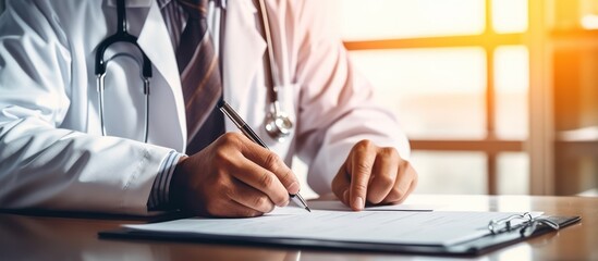 the doctor is writing a prescription in a book