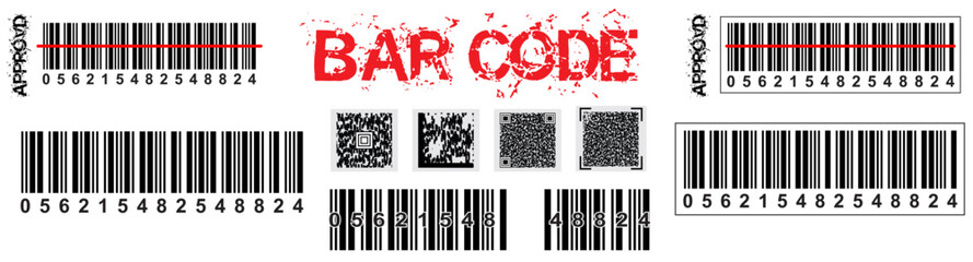 Barcode labels. Code stripes sticker, digital bar label and retail pricing bars labeling stickers. Industrial barcodes, customers Qr code. Isolated symbols vector set