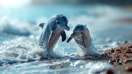 Dolphin Duo Playfully Leaping on Shoreline - obrazy, fototapety, plakaty