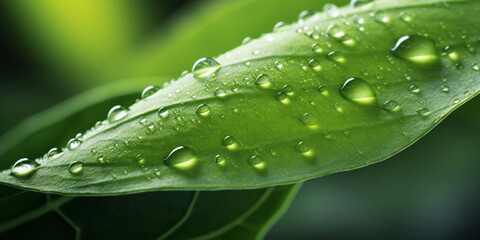 Large beautiful drops of transparent rain water on a green leaf macro, morning glow in the sunlight, Beautiful leaf texture in nature. 