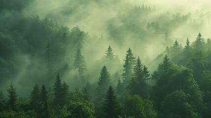 Green forest with morning fog