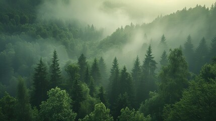 Green forest with morning fog