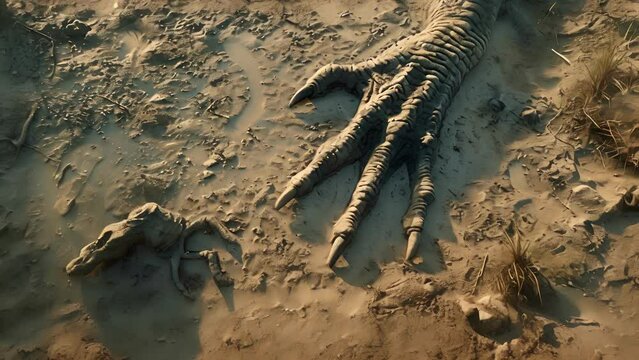 Footprints left in the mud by a running dinosaur pursued by a larger predator frozen in time for millions of years.