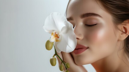 Serene beauty with orchid bloom. woman enjoying nature's aroma. perfect for wellness and cosmetics ads. AI