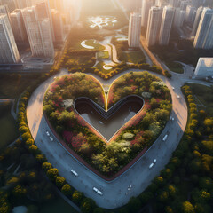Heart shaped group of trees in a city 