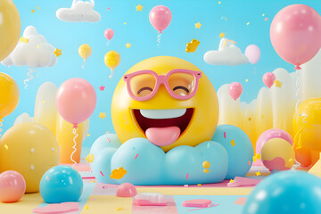 an April Fools' Day emoji, combining clever design elements and witty expression to delight and entertain on this festive occasion, cake with balloons