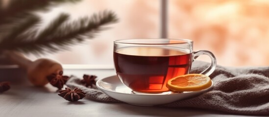 cup of hot tea on blur winter background