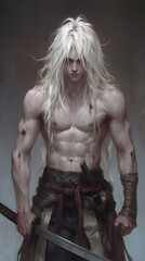 Warrior with long white hair and bare chest