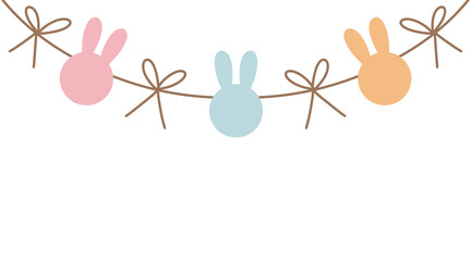 Cute horizontal doodle border with colorful bunny and ribbon flag garland seamless pattern Easter egg element decor  
