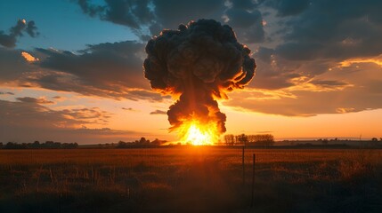 Dramatic sunset explosion over rural landscape, vivid colors fill the sky as smoke billows upward. captivating outdoor scenic spectacle. AI - obrazy, fototapety, plakaty