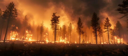 Obraz premium Dramatic wildfire raging through a dense forest at dusk. captivating natural disaster scene. stock photography for editorial use. AI