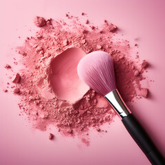 Obraz na płótnie Canvas Pink makeup powder with a makeup brush on a pink background 