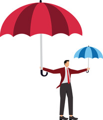 Businessman with big and small umbrellas