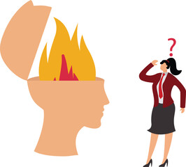 Businesswoman with an opened head and fire disaster