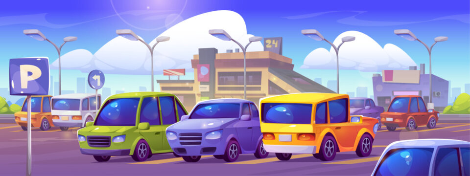 Cars parked in public parking lot at entrance to large supermarket. Cartoon vector illustration of city landscape with vehicles standing on road with signs and zone layout at storefront on sunny day.