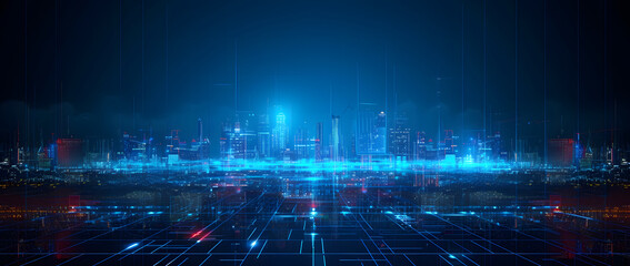 Illustration of a modern futuristic smart city concept with abstract bright lights against a blue background. Showcases cityscape urban architecture, emphasizing a futuristic technology city concept.