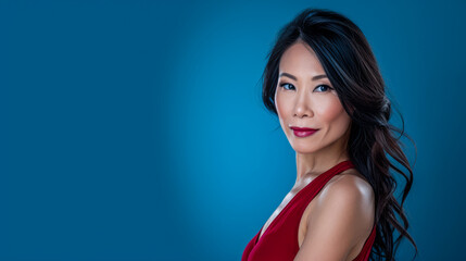 Fototapeta premium Asian middle aged woman portrait with copy space background