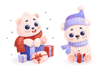 Happy cute white polar bear cub with gift. Isolated holiday birthday cartoon character animal. Vector illustration. Kids collection