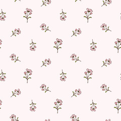 Seamless Pattern of Hand Drawn Flower Design on Light Pink Background
