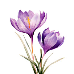 Purple crocus flower, isolated on white and transparent background, watercolor illustration