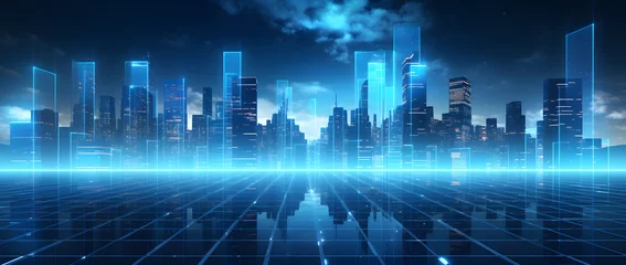 Foto op Canvas Illustration of a modern futuristic smart city concept with abstract bright lights against a blue background. Showcases cityscape urban architecture, emphasizing a futuristic technology city concept. © jex