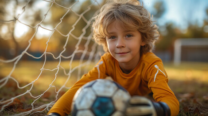 child goalkeeper with a ball