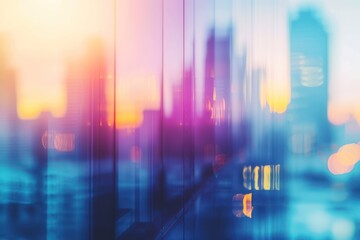 Abstract blurred background of skyscrapers at sunset, business concept.