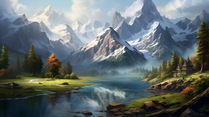 lake in the morning,,
lake in the mountains 3d image - obrazy, fototapety, plakaty