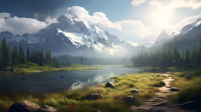 lake in the morning 3d image,,
lake and mountains