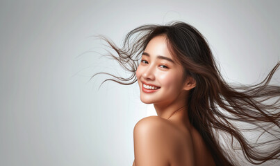 Portrait of a beautiful woman with a bright smile, hair is a beautiful black color, shampoo advertising concept Hair conditioner and cosmetic products,Generative AI