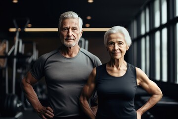 Portrait of active senior happy smiling couple family standing in gym after doing workout.