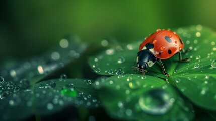 Fototapeta premium Macro photo of Ladybug in the green grass. Macro bugs and insects world. Nature in spring concept.