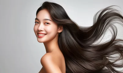Fotobehang Portrait of a beautiful woman with a bright smile, hair is a beautiful black color, shampoo advertising concept Hair conditioner and cosmetic products,Generative AI © A_visual