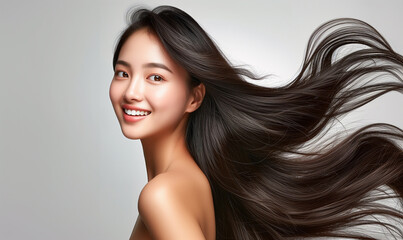 Portrait of a beautiful woman with a bright smile, hair is a beautiful black color, shampoo advertising concept Hair conditioner and cosmetic products,Generative AI - obrazy, fototapety, plakaty