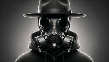 Grayscale Portrait of a cool-looking man with gas mask - obrazy, fototapety, plakaty