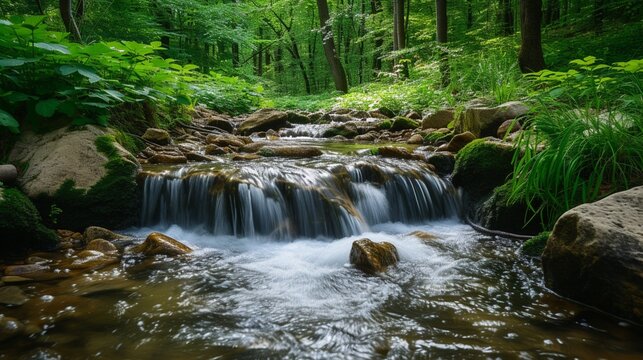 A tranquil forest stream flowing over smooth rocks. 