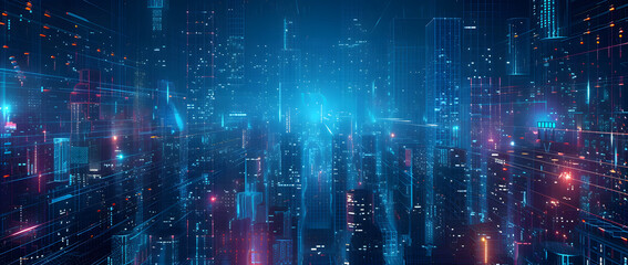 Illustration of a modern futuristic smart city concept with abstract bright lights against a blue background. Showcases cityscape urban architecture, emphasizing a futuristic technology city concept. - obrazy, fototapety, plakaty