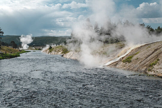 Steam rising over Firehole River, from Grand Prismatic Spring in Yellowstone National Park