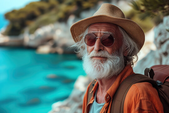 Senior male traveler with a beard in a hat and sunglasses posing confidently on the seashore