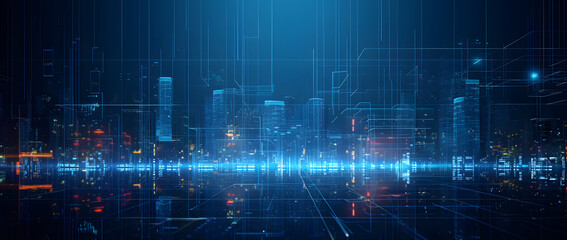 Obraz premium Illustration of a modern futuristic smart city concept with abstract bright lights against a blue background. Showcases cityscape urban architecture, emphasizing a futuristic technology city concept.
