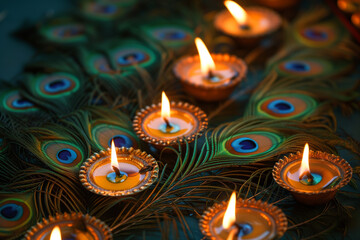 Shiny colorful background with illuminated Oil Lamps (Diya) for Diwali celebration.