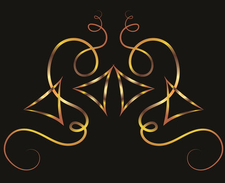 Fantasy illustration with swirls and sharp corners. Ornament, applique, background with space for an inscription. Gold gradient on a black background for printing on fabric, applique and cards.