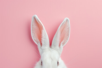 White rabbit ears on pastel pink background with copy space.Easter concept.