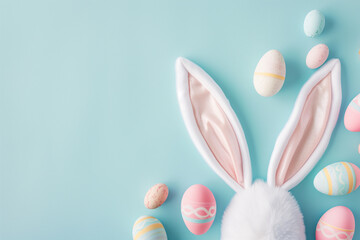 White rabbit ears and Easter eggs on pastel blue background with copy space.