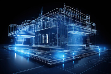 3D rendering of building wireframe in blue and black background. 