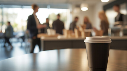 A recyclable disposable take-out coffee cup rests on a table in the background of an office cafeteria bustling with people