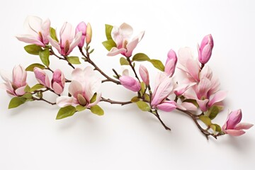 Blooming white and pink close-up flowers of magnolia on a branch with young leaves, growing in spring park or botanical garden, with blurred white background - obrazy, fototapety, plakaty