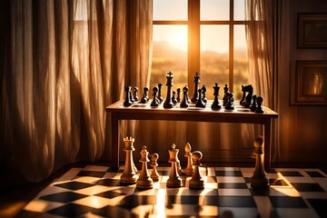chees abstract 3d background view in the sun set with playing board on the chess 